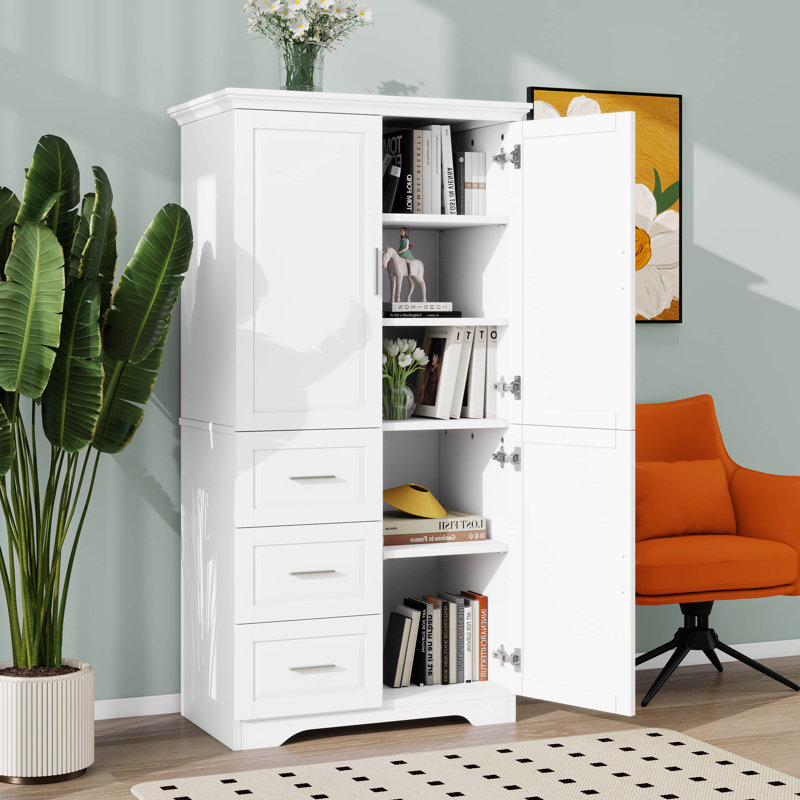 Tall Storage Cabinet, Modern Freestanding Pantry With 3 Doors, Adjustable Shelves And 3 Storage Drawers, White