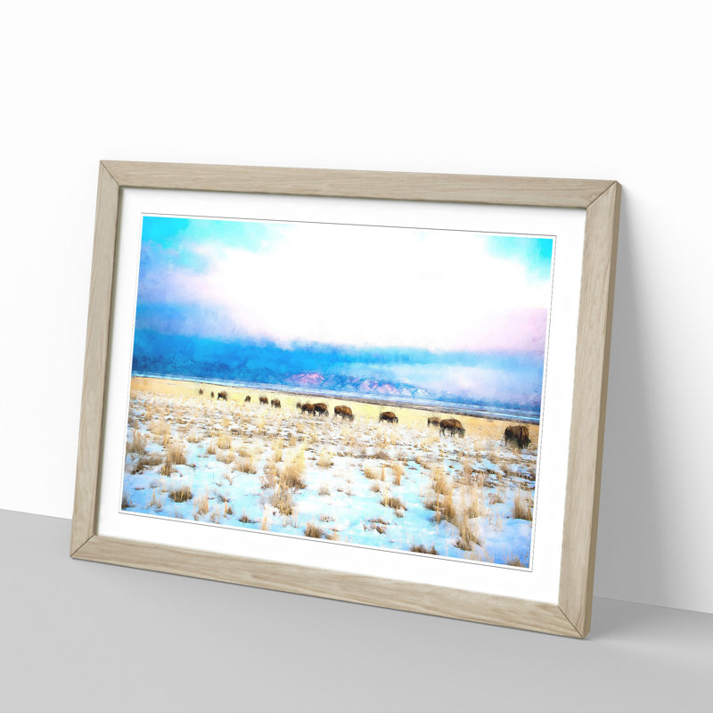 Grazing Bison In Utah - Single Picture Frame Print on MDF, 33cm H x 45cm W x 2cm D, Oak Framed