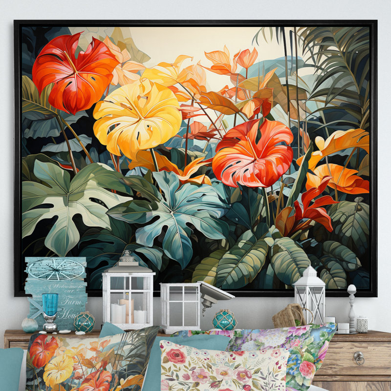 Orange tropical et feuillage vert I, Cadre flottant noir, H 24 po x l 32 po x P 1 po