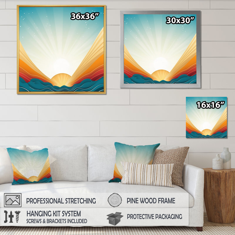 " Bold Graphic Sunset In Teal And Orange ", Natural Floater Framed, 24" H x 24" W x 1" D