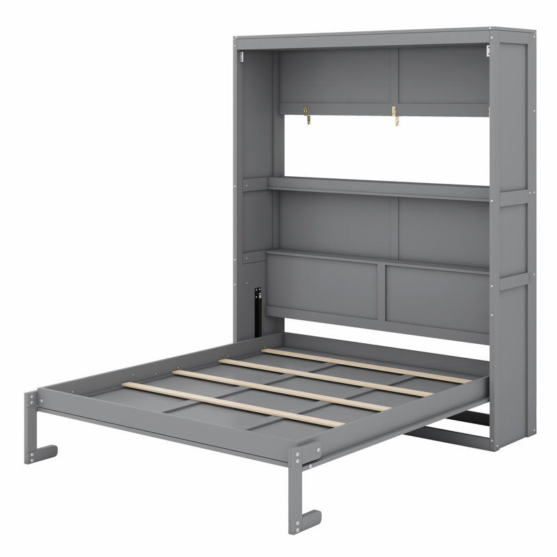 Lit escamotable robuste avec tablettes de rangement, Gris