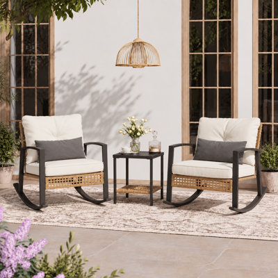 2 - Person Metal Patio Bistro Set With Lumber Pillow, Outdoor Rocking Wicker Conversation Set