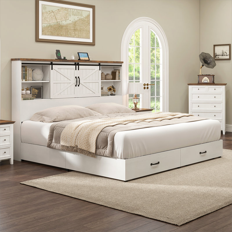 Tryston Sherell Wooden Bookcase King Bed Frame, White, King, White