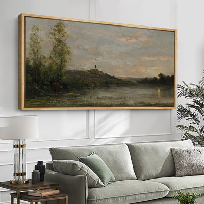 «Sunset Reflection over Village», impression sur toile encadrée - décor de paysage rétro