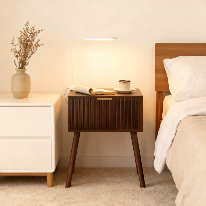 Table de chevet cannelée avec tiroir, table de bout moderne Mid-Century pour chambre à coucher et salon, table d'appoint peu encombrante avec tablette ouverte