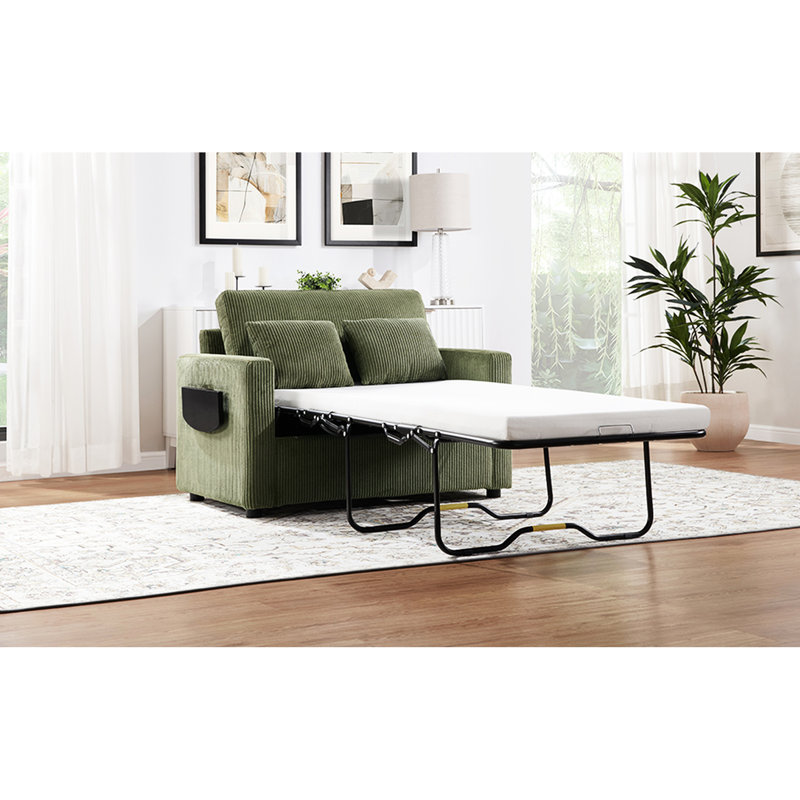 Lit simple convertible avec matelas pliable, table d'appoint, housses et coussins lombaires pour les chambres d'amis compactes