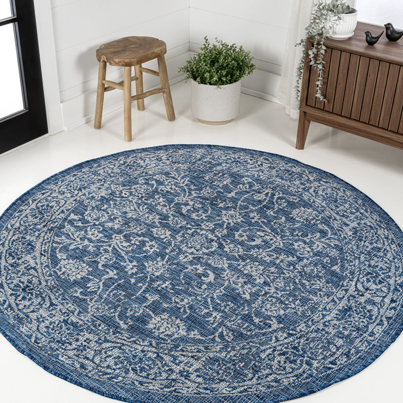 Leonora Bohemian Textured Weave Floral Navy/Gray Indoor/Outdoor Rug, Round 6'7"
