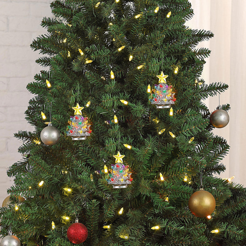 4" Silver Porcelain Christmas Tree Ornaments with LED Lights, Set of 3