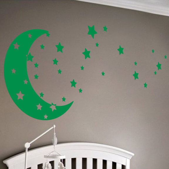 Adhésif décoratif lune et étoiles, Vert clair, H 30 po x l 65 po x P 0,01 po