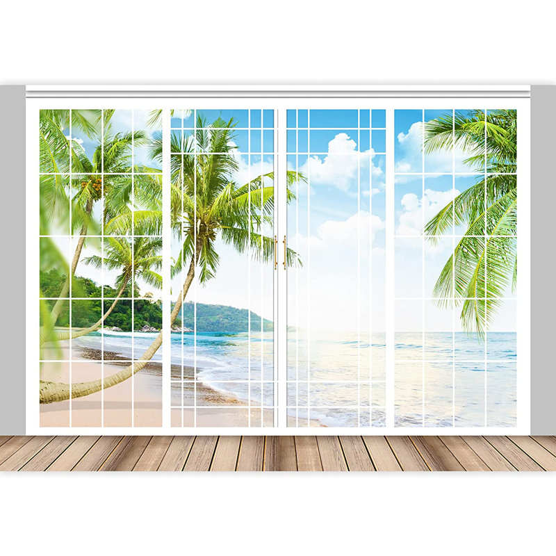 Adhésif mural fenêtre vue de fenêtre sur une plage côtière, L 100 po x L 144 po