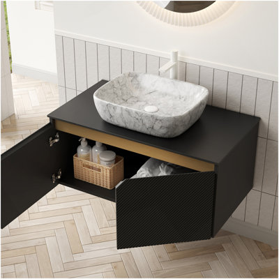 Meuble-lavabo et lavabo de salle de bain 36 po RUBEN, armoire de rangement flottante murale en contreplaqué, portes doubles en sergé avec garniture en métal, vasque rectangulaire en céramique à motif marbré et plateau en pierre frittée noire, noir