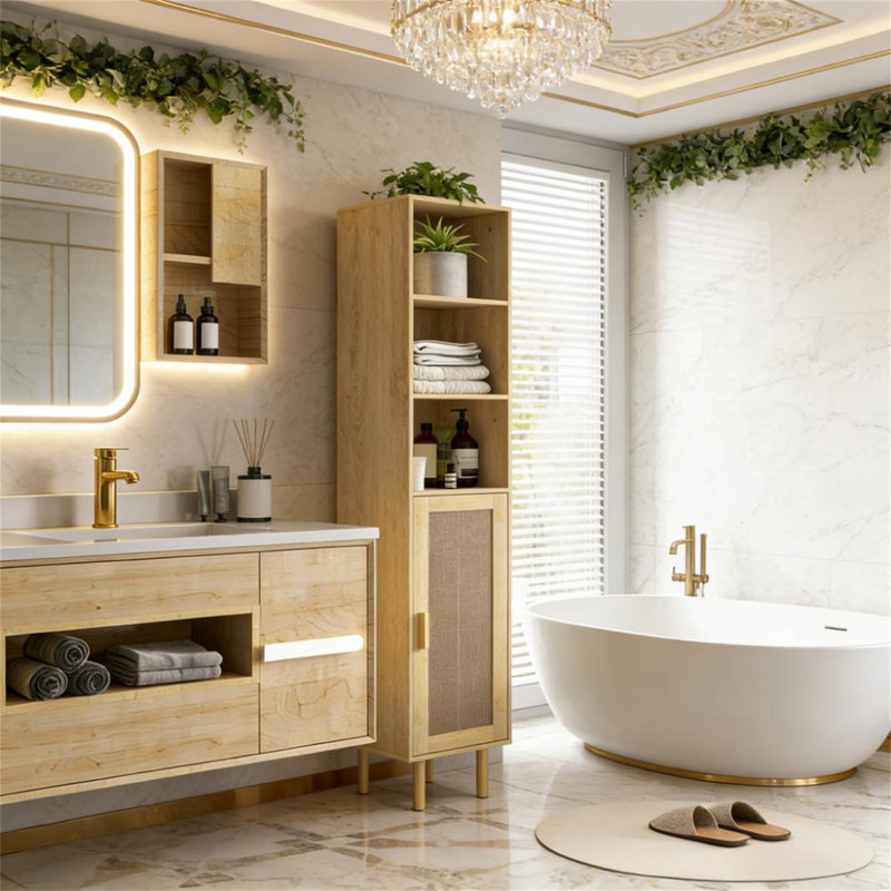 Armoire de rangement autoportante pour salle de bain, Chêne