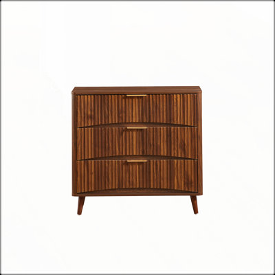Mid-Century Modern 3 Drawer Dresser with Vertical Fluted Design, Solid Wood Storage for Bedroom and Living Room, Walnut Finish