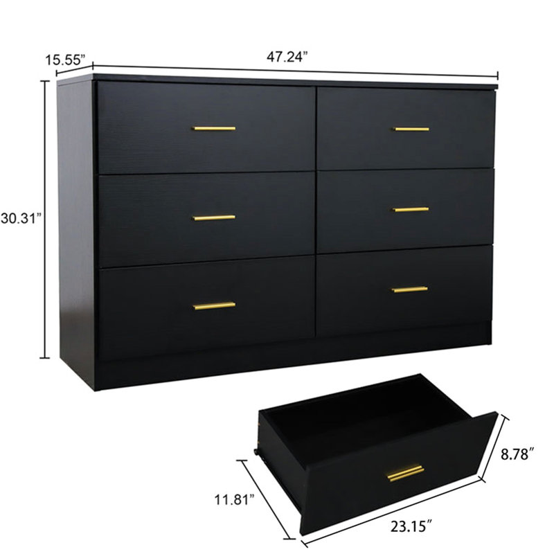 Commode noire 6 chambres. Vaste espace de rangement pour la chambre à coucher. Fabrication en bois d'ingénierie. Finition brillante. L 15,13 po x H 29,47 po x P 46,8 po. Solution facile à assembler. Bois. Surface. Instructions d'assemblage incluses