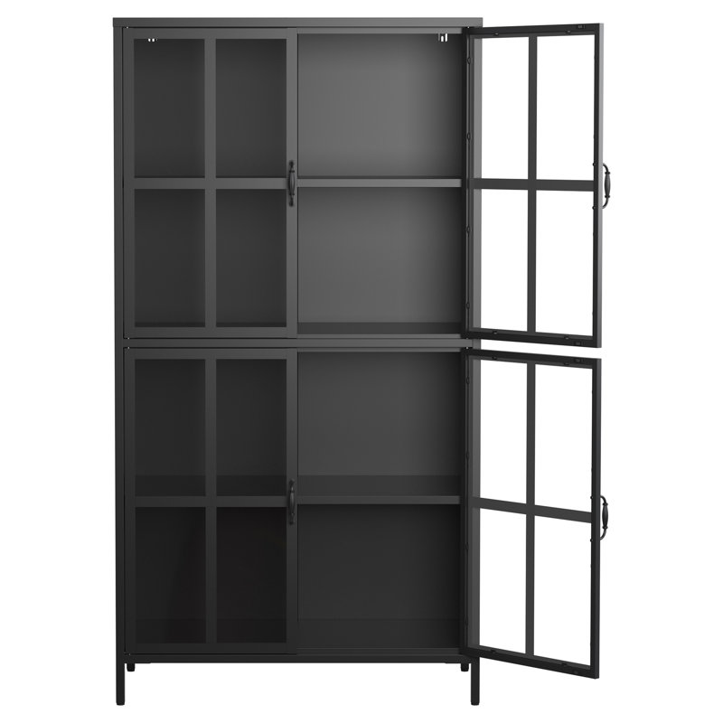 Armoire de rangement en métal, vitrine avec portes en verre trempé et tablettes réglables