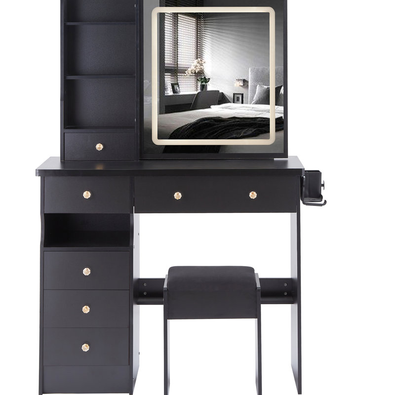 37-Inch Vanity Table With Cushioned Stool, Built-In 2 Ac + Socket, Hair Dryer Stand, Touch Control 3-Color Led Mirror, American Award - Winning Design Middle Size Left Drawer Desktop And Stool ,