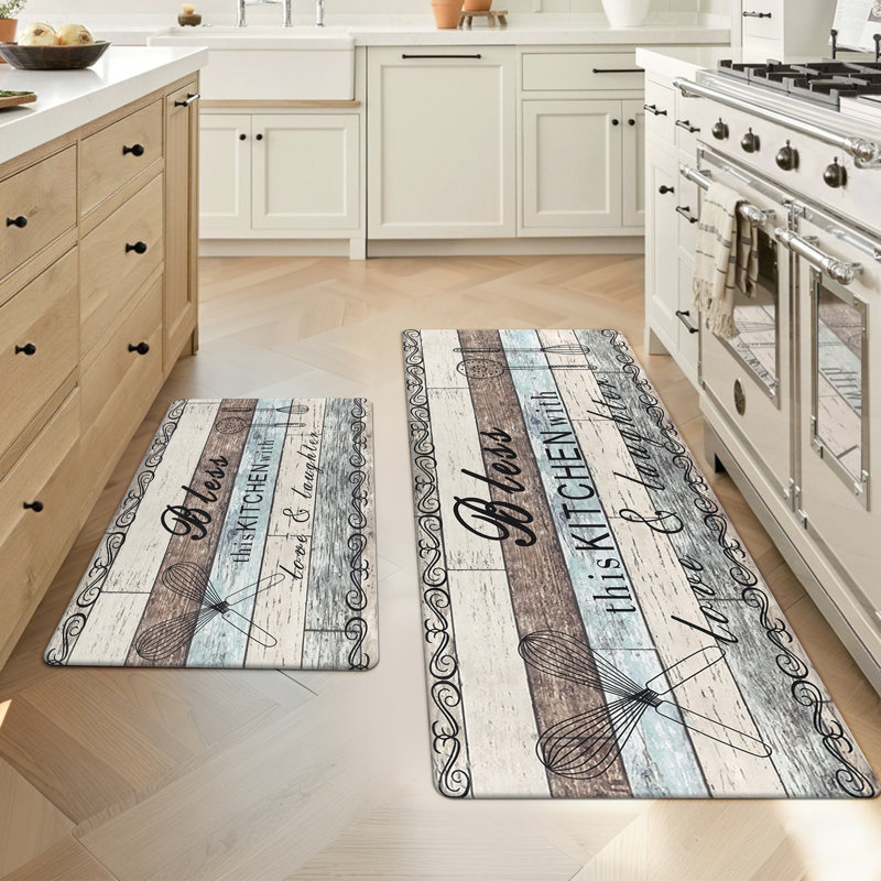Tapis de cuisine antidérapant et antidérapant (ensemble de 2), Bleu sarcelle/brun/beige