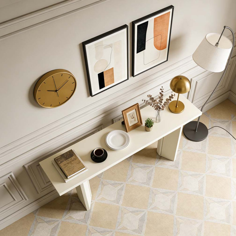 Élégant meuble multi-scénario avec pieds géométriques en placage de pin et console, Beige