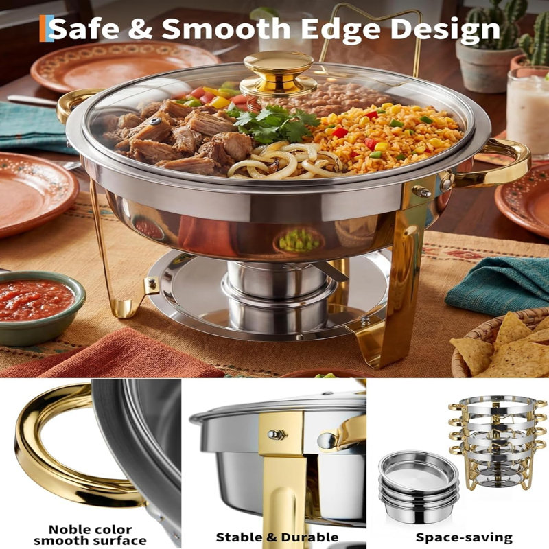 Round Stainless Steel Chafing Dishes | 5L Buffet Chafer with Transparent Lids & Fuel Holders | Food Warmer Set for Parties, Weddings & Restaurants