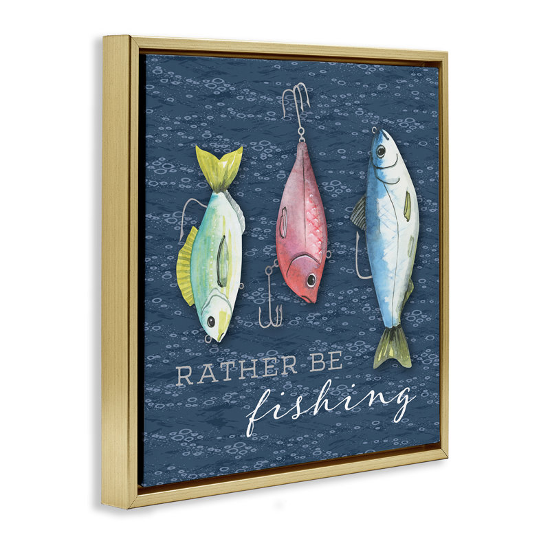 «Rather Be Fishing Bait Floater», art mural par Holly Thomas Stein, H 25 po x l 25 po, Cadre flottant métallique doré