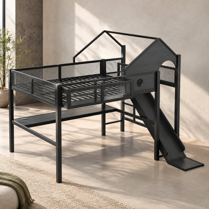 Lit mezzanine en métal (taille standard) avec glissade, bureau, étagères de rangement, ports USB et éclairage DEL