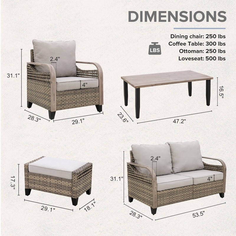 Ensemble de conversation d'extérieur pour 4 personnes avec coussins, Gris