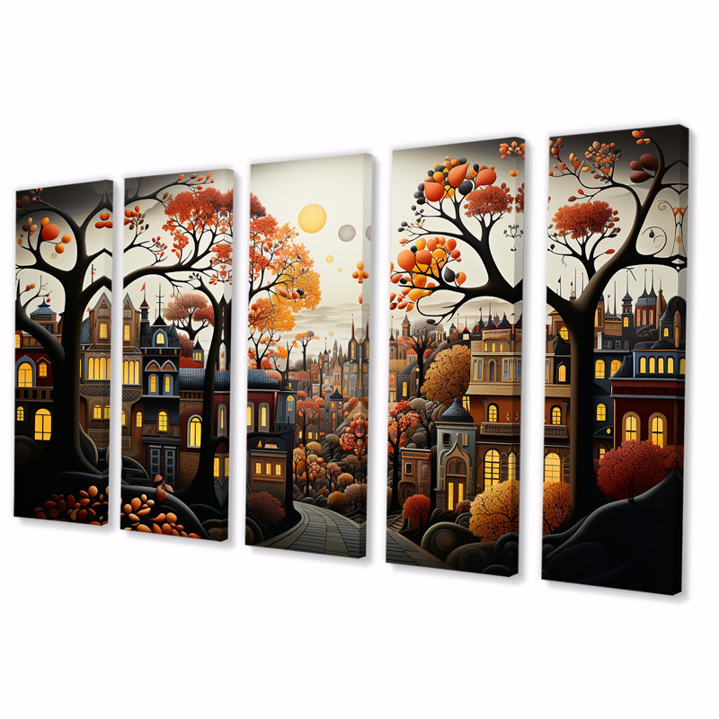 Cozy village in Autumn Moonlit I - City Art Deco, ensemble de 5 décorations murales, H 32 po x l 80 po
