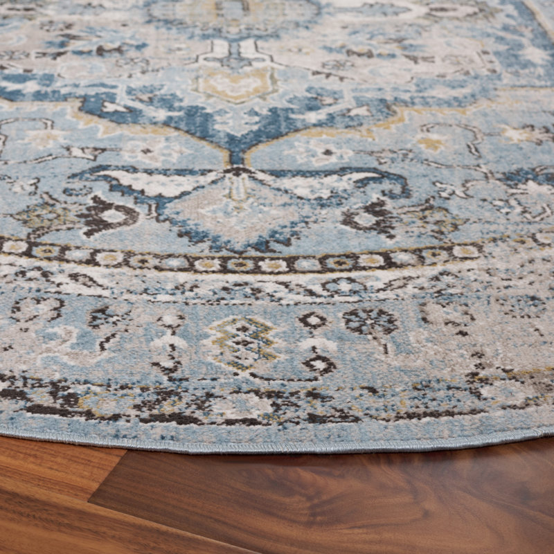 Tapis oriental bleu en polypropylène tissé à la machine McLeansville, Rond 6 pi 7 po