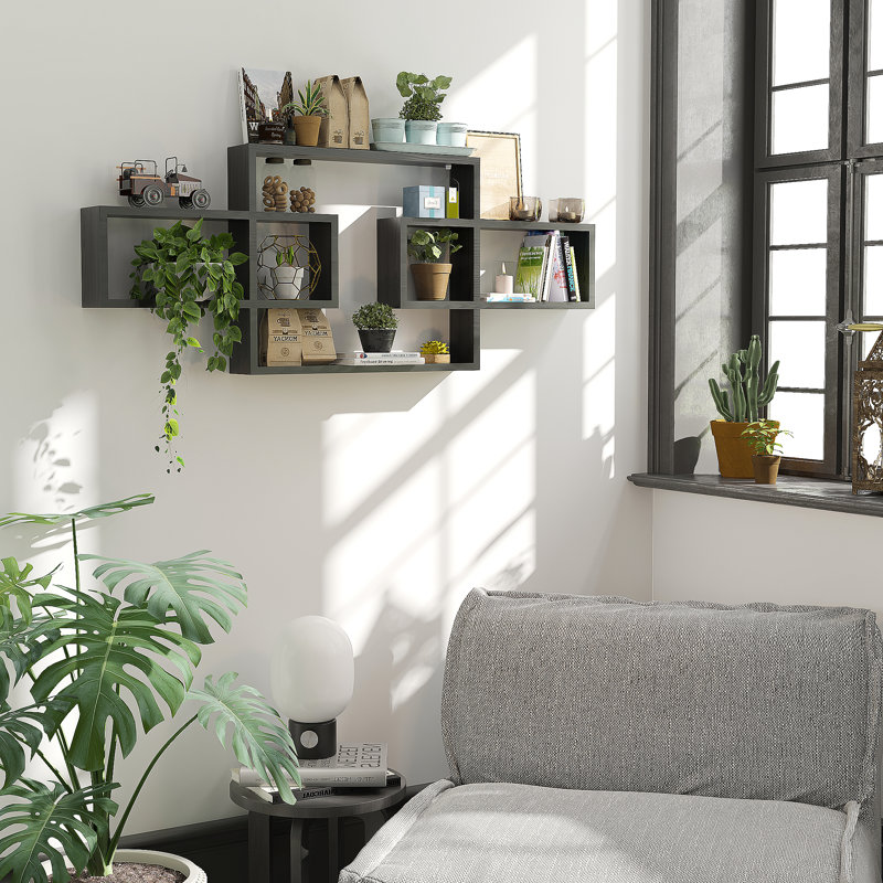  Wooden Square Floating Cube Wall Shelves - 3 Box Mounted Rectangle Bookcase for Storage and Display - Modern Decorative Intersecting Shelves for Living Room, Bedroom Decor