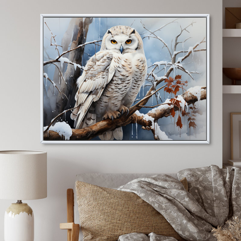 Winter Snowy Owl Landscape - Art mural paysage d'hiver, 30" H x 40" W, Cadre flottant blanc