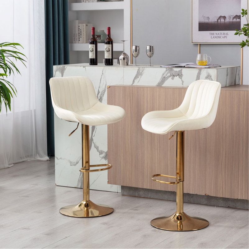 Repose-pieds chromé et base pivotante en velours à hauteur réglable et tabouret de bar simple doré, ensemble de 2, ivoire