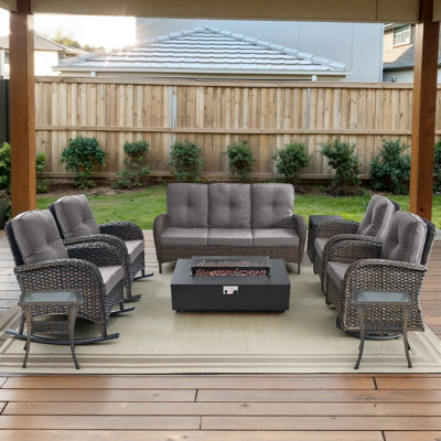 8-Piece Outdoor Wicker Family Gathering Conversation Set With Rocking & Swivel Chairs And Fire Pit Table