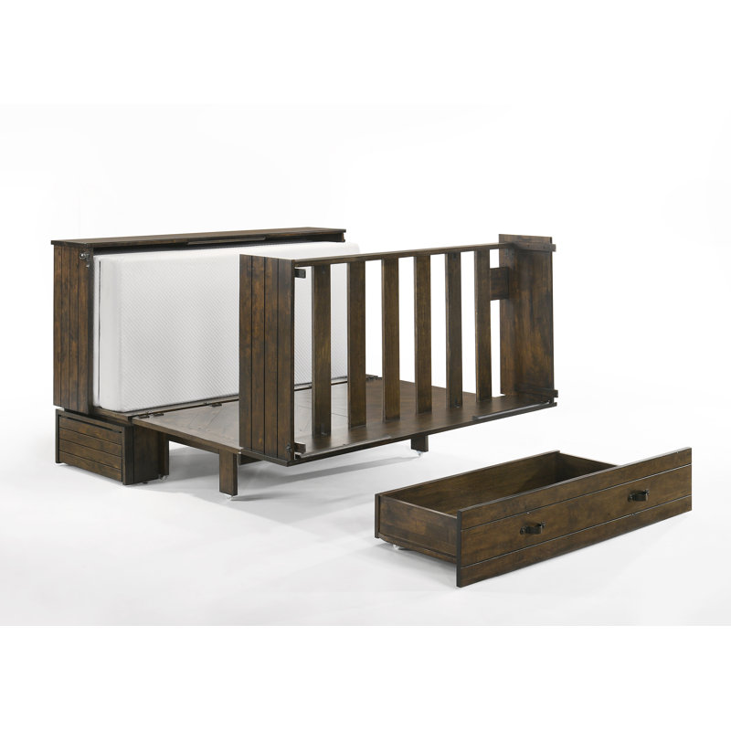 Grand lit escamotable en bois massif avec matelas et prises de courant, Brun