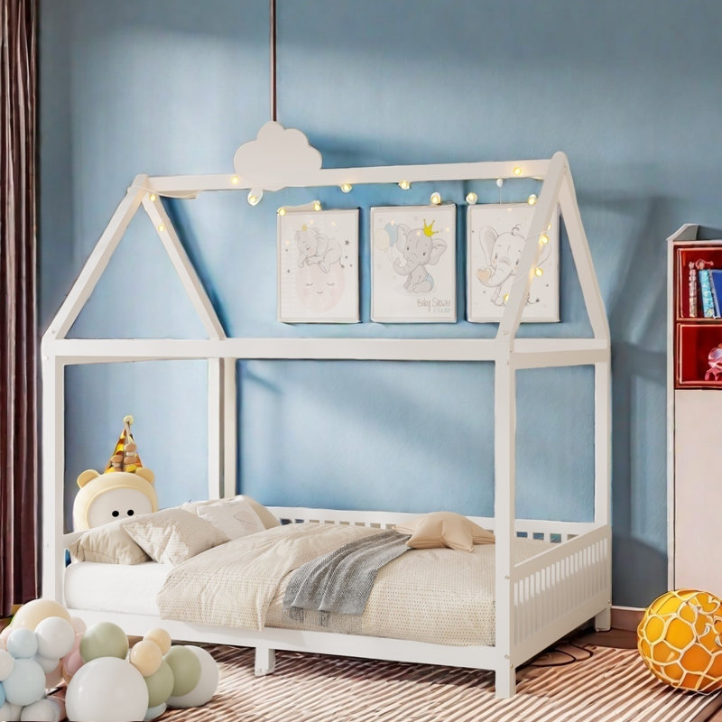Wood House Bed With Guardrail And LED, Full