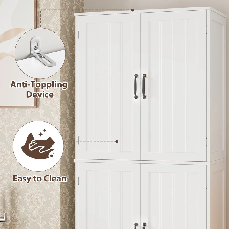 71.3" Freestanding Linen Storage Cabinet, Bathroom Cabinet (Handle Upgraded), White