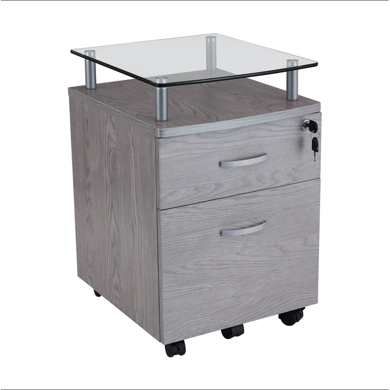 Classeur à roulettes avec plateau en verre, Gris