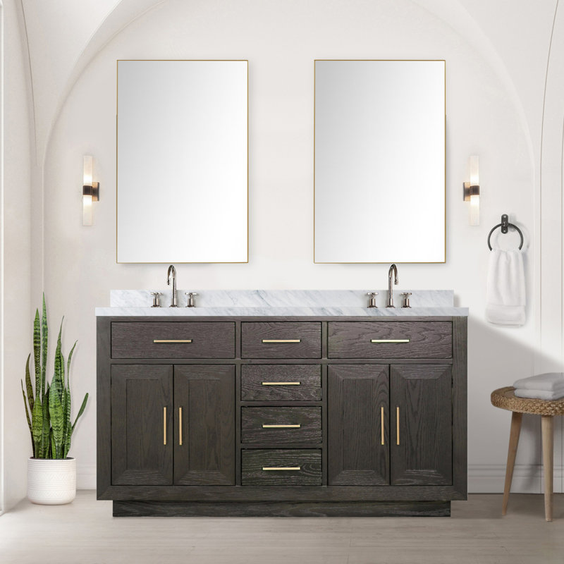 Brown Oak Double Bath Vanity 60 In. W X 22 In. D, Carrara Marble Top, Faucet Set, And 28 In. Mirrors, Brown Oak/Carrara