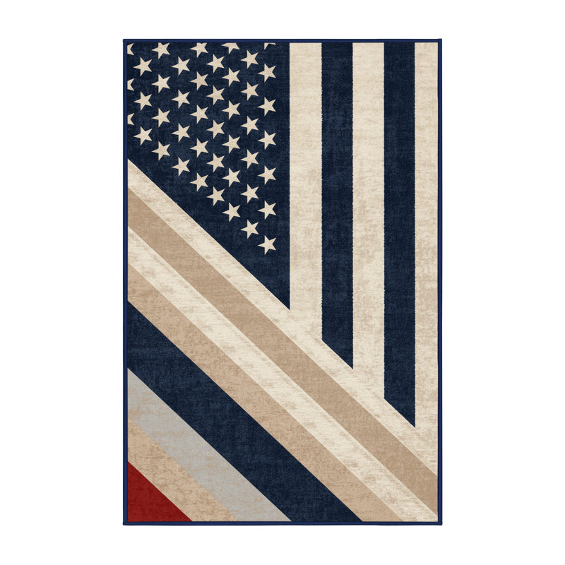 Soft Plush Fellman July 4Th Modern & Contemporary Abstract Area Rug in Gray – Navy Binding, 2x3