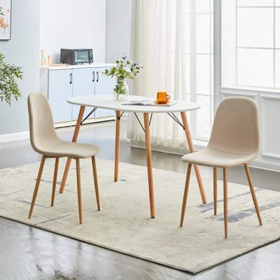 5-piece Dining Table And Chair Set, Nordic Retro Style, White Oval Table With 4 Beige Breathable Fabric Chairs, Beech Wood Legs, For Dining Kitchen Ca