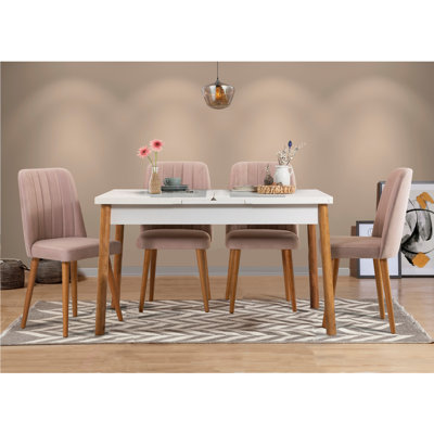 Modern Extendable Dining Table & Chairs Set (5 Pieces), Atlantic Pine & White Stone, 47.2 x 35.4 x 29.5 inches | 100% Melamine Coated Particle Board, Thick 0.7 inches | Velvet Foam Chairs, Perfect for Scandinavian Style Dining