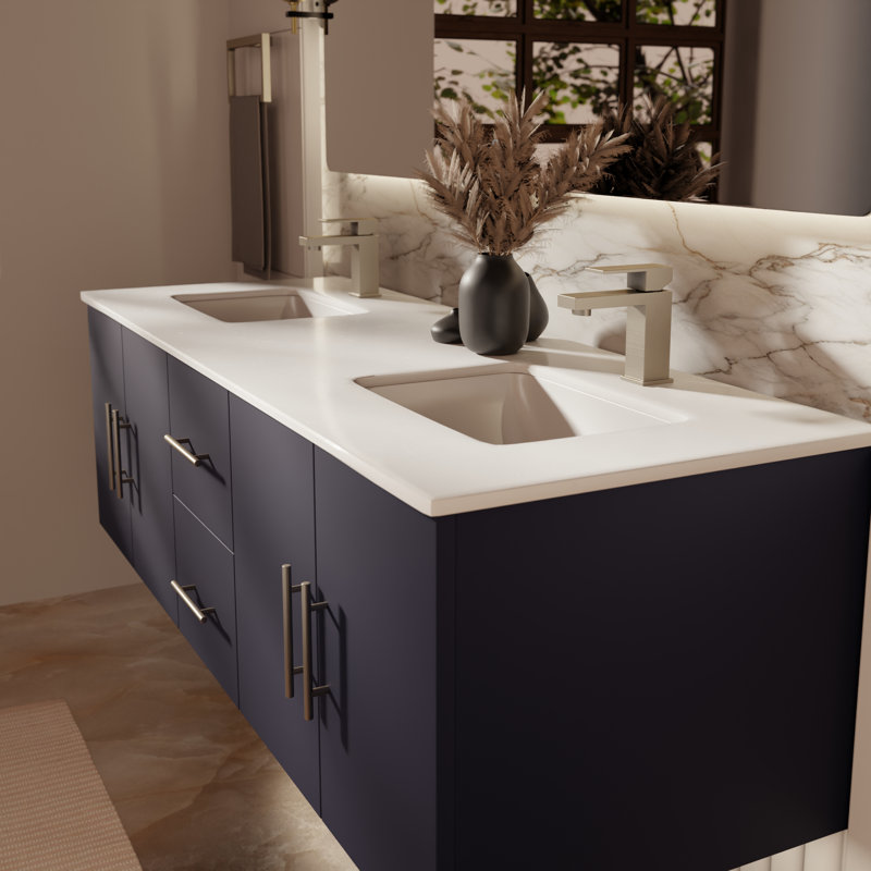 Ensemble de meuble-lavabo double mural 60 "Geneva, Marine, Marbre de culture blanc
