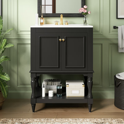 Meuble-lavabo de luxe de 24 po pour salle de bain avec lavabo en céramique, conception épurée et lisse, installation à dos ouvert, détails de l'armoire de rangement Essentials Modern, plomberie, articles de toilette
