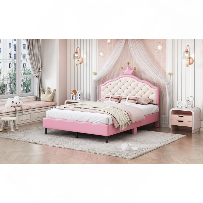 PU Leather Princess Bed with Tufted Headboard, Twin
