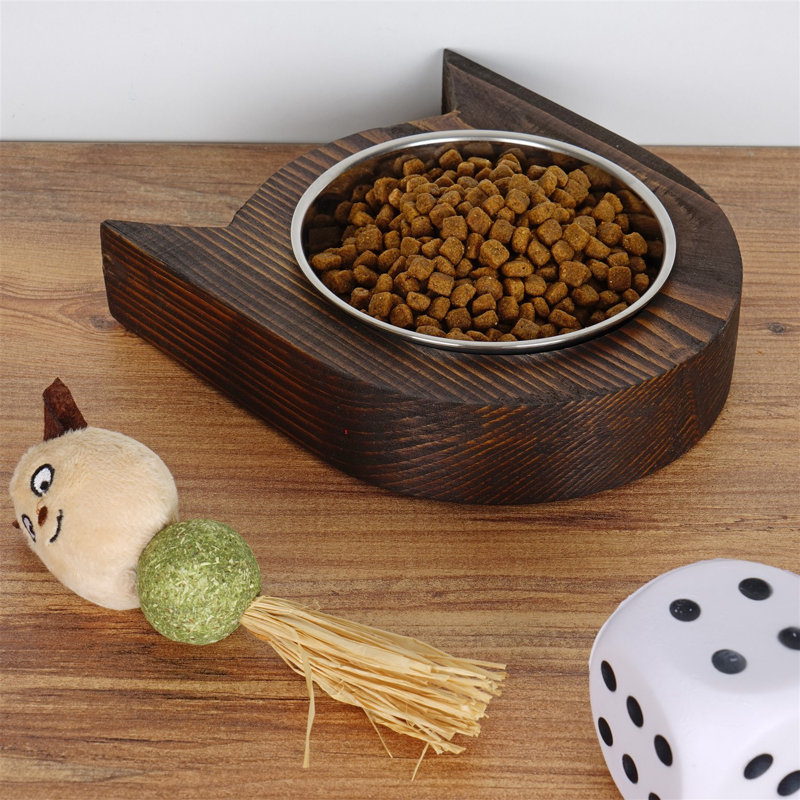 Jabraan Rustic Pet Food Bowl, 100% Spruce Wood, 6.7 x 1.4 x 7.1 inches | Walnut Color, Assembled | Perfect for Southwestern Homes, Durable Design with a Touch of Humor for Dogs & Cats, Easy to Clean and Maintain