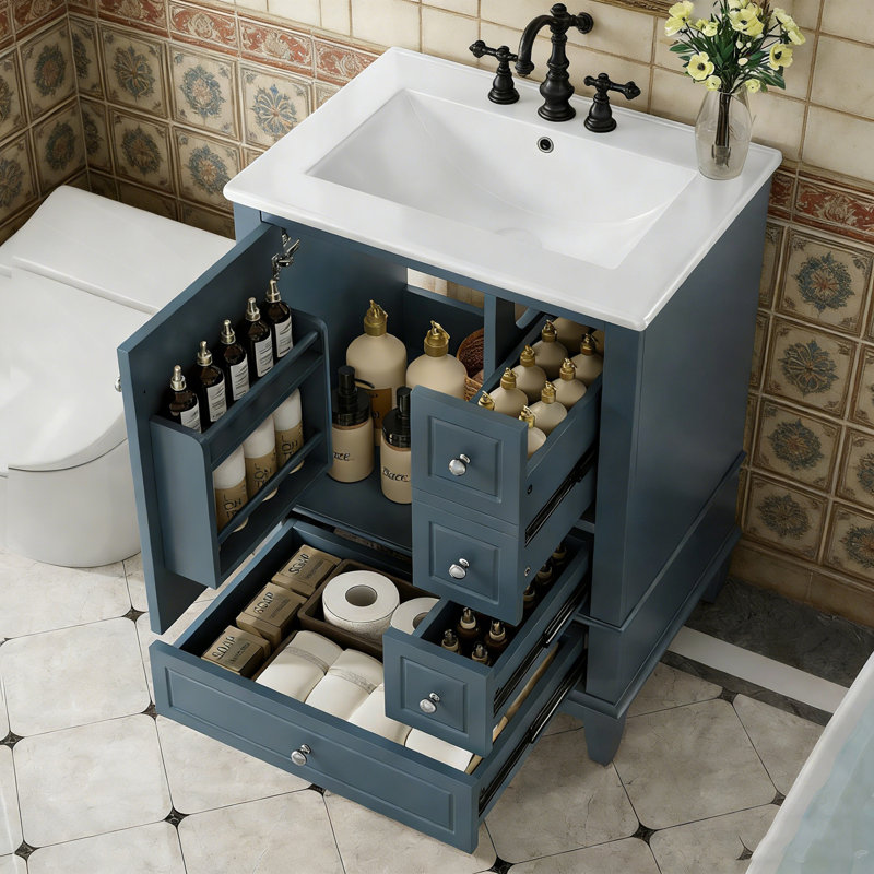 Bathroom Vanity with Sink, Drawers and Storage Shelves, Blue Gray