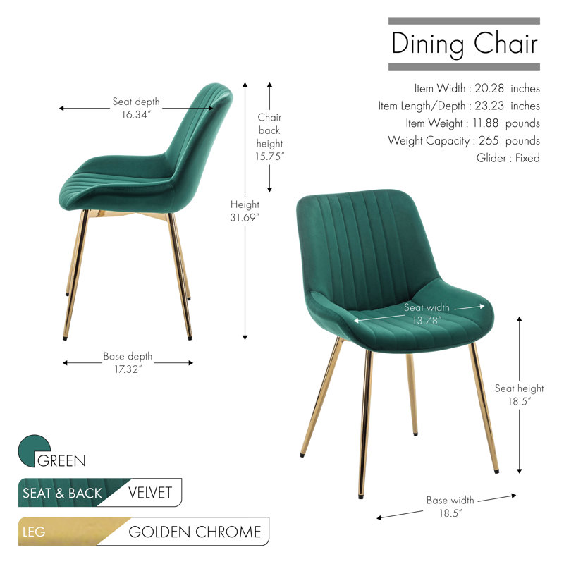 47cm H Velvet Upholstered Upholstered Back Side Chair, Green