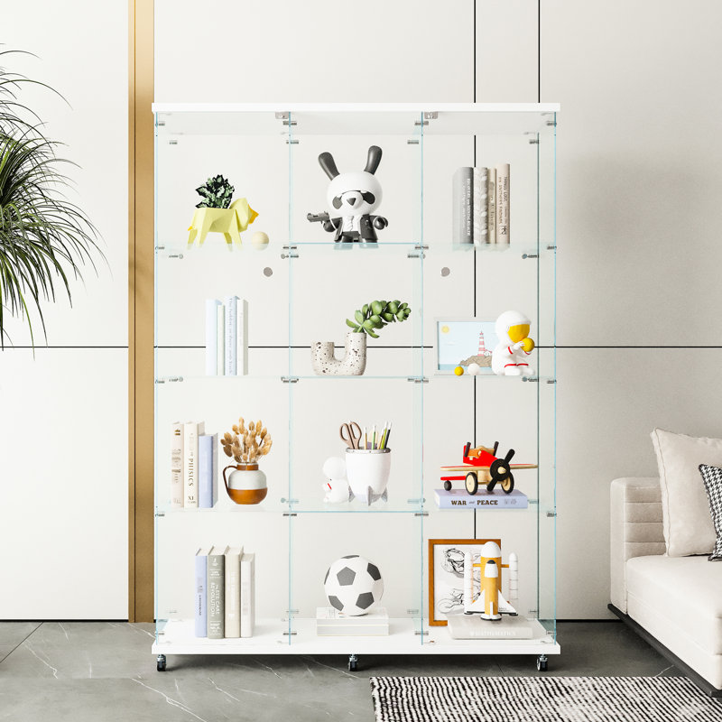 Très grande vitrine 4 tablettes, pour différentes pièces - noir / blanc, grande capacité de rangement, verre trempé robuste, bois massif, support à 4 tablettes facile à assembler, noir salon