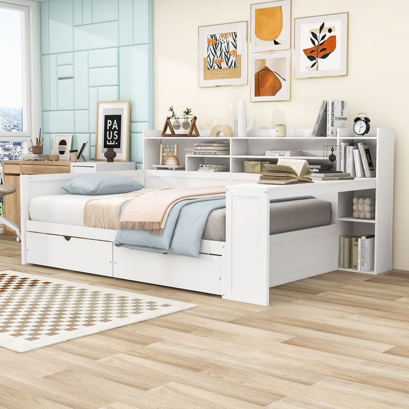 Lit de jour multifonctionnel en bois avec bureau intégré, tablettes de rangement latérales et tiroirs, Lit double