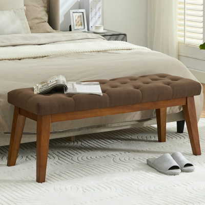 43.3'' W Tufted Linen Upholstered Bench with Solid Wood Legs