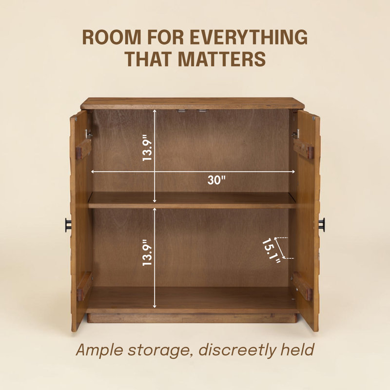 BLOOM 2-Door Storage Cabinet, Solid Wood Designer Accent Cabinet with Hand-Carved Geometric Pattern Doors, Modular & Expandable Storage System for Living Room, Teak Look
